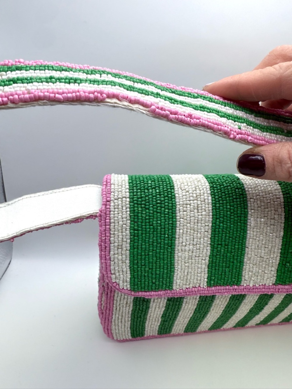 Striped Pink & Green Beaded Shoulder Bag - Picture 4 of 6